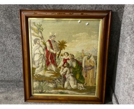 Large Victorian mahogany framed tapestry - The Ten Commandments, 66x77cm