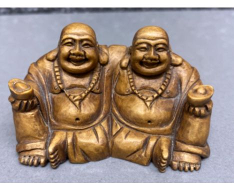 Large hand carved hardwood Netsuke in the form of Two Buddha’s, length 5.5cm x height 3cm