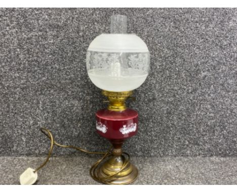 Vintage Converted electric table lamp (now in the style of an oil lamp) with nicely etched glass dome shade &amp; chimney