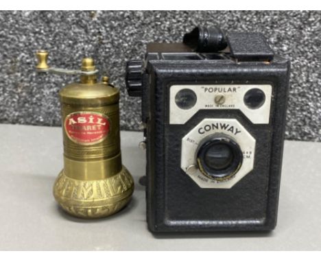 Vintage brass Turkish “Asil Ticaret” coffee/spice/pepper mill grinder together with a vintage Conway “Popular”model camera