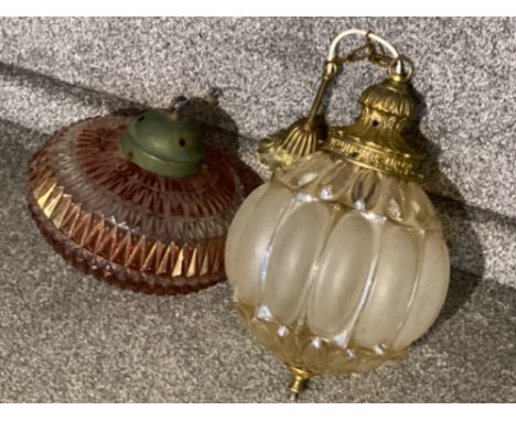 2x vintage glass ceiling light fittings, red glass &amp; brass