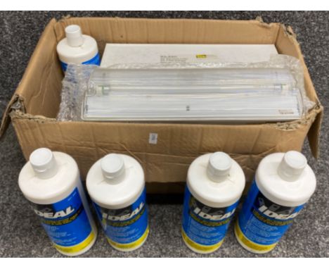 Box containing 6 boxed Emergency light fittings &amp; five large bottles of Ideal wire pulling lubricant