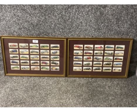 Framed cigarette cards depicting vintage cars