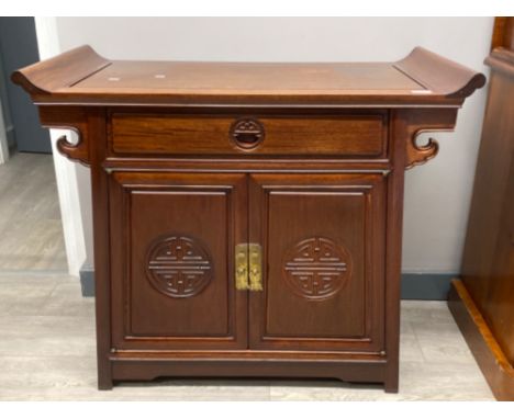 Vintage hardwood Asian alter cabinet/ end table, fitted with single drawer and below cupboards, 90x45.5cm, height 73cm