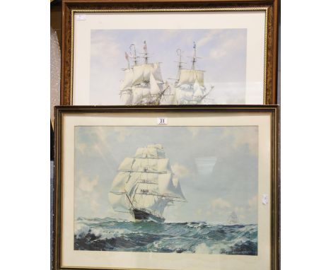 Two framed prints of sailing ships, one The Frolic fights the Wasp, 1812 by Roy Cross, the second by Stobart. P&amp;P Group 3