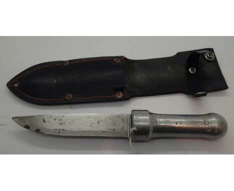 Aluminium handled trench knife and scabbard, L: 22 cm, blade L: 12 cm. P&amp;P Group 2 (£18+VAT for the first lot and £2+VAT 