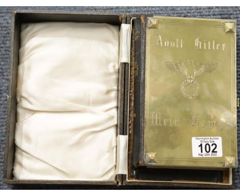 Boxed edition of Mein Kampf dated 1943 and 1944 by inscription, with brass engraved cover. P&amp;P Group 1 (£14+VAT for the f