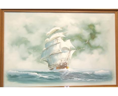 Original oil on canvas of a sailing ship, framed, indistinctly signed 90 x 60 cm. P&amp;P Group 3 (£25+VAT for the first lot 