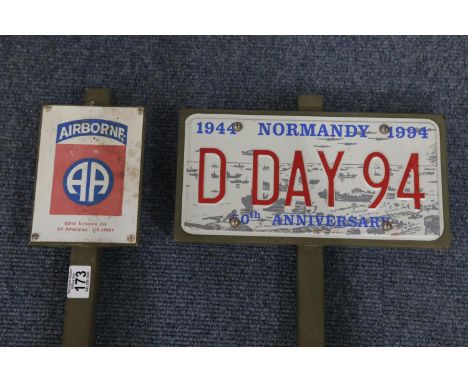 Two lawn stake signs with American signs for 82nd Airborne Division and D-Day 90th anniversary. P&amp;P Group 3 (£25+VAT for 