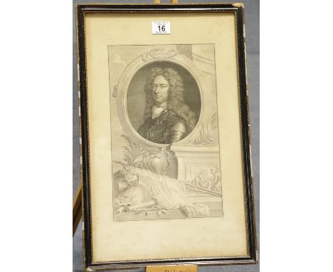 Engraving of Lt Gen Talamach / Tollemache, 1651 - 1694, engraved Houbraken after the original painting by Kneller, 36 x 22 cm