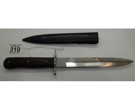 Military type fighting knife with wooden handle and steel scabbard, L: 30 cm, blade L: 18 cm. P&amp;P Group 2 (£18+VAT for th