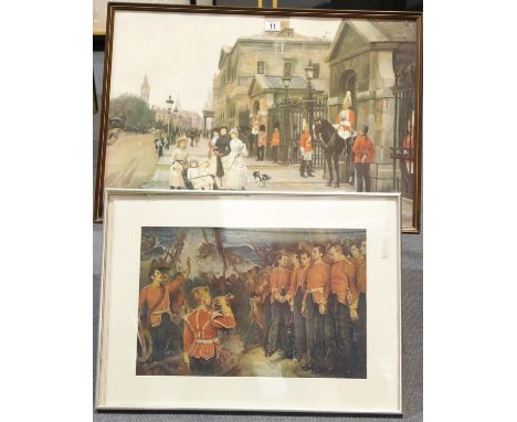 Framed print of The Guards at Buckingham Palace by PH Baratti 52 x 76 cm and a further framed print of a bugle boy. P&amp;P G