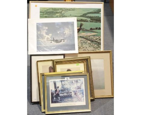 Four framed military prints, a Sunderland print, two American sailing prints and a Gerard Coulson Spitfire print etc. (10). P