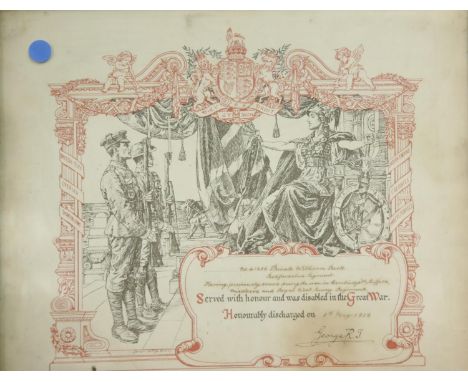 WWI Disability Discharge certificate to 41236 Pte. William Beck, Bedfordshire Regiment, dated 8th May 1919. P&amp;P Group 3 (