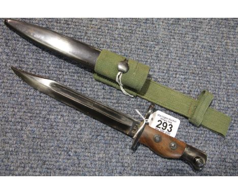 Bayonet with metal scabbard and frog, blade stamped BRI, L: 30 cm, blade L: 20 cm. P&amp;P Group 2 (£18+VAT for the first lot