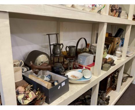 Full shelf of china, metalware, brass jam pan, camera equipment, mantel clock, etc.