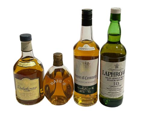 Four bottles of Scotch Whisky inc House of Commons by James Buchanan signed (signature unclear), Laphroig, Haig and Dalwhinni