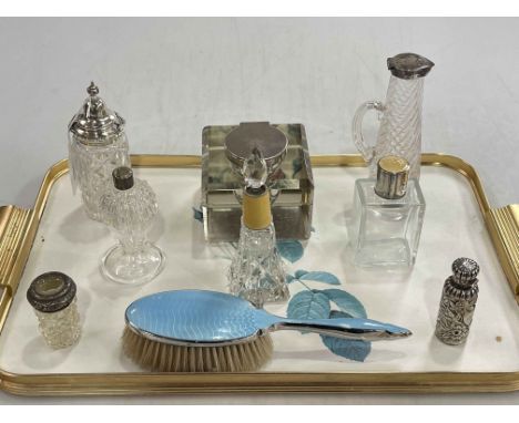 Tray lot with silver topped heavy inkwell and other bottles, blue enamel hair brush, scent bottle, etc.