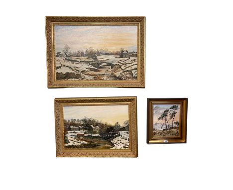 Leonard W Owens, Hutton Le Hole in Winter (2) and Pheasants in Landscape, three oils on canvas, largest 49cm by 75cm, all fra