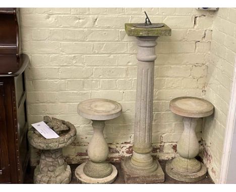 Pedestal sundial, pair circular garden pedestals and weathered bird bath, sundial 121cm tall (4).