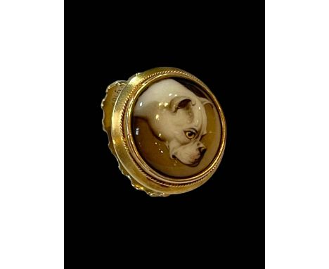 19th Century gold ring with miniature portrait of a bulldog, signed verso ESSEX 1862, the shank with memorial inscription.