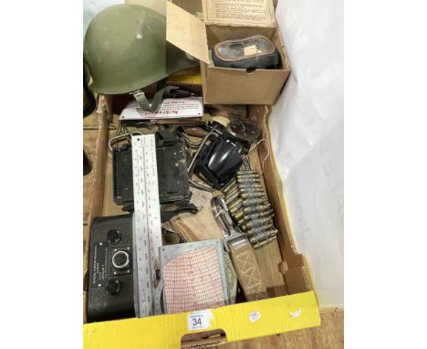 Boxed L & Bro WWII mask, military helmet, general purpose recording camera, Airguide USA compass, metal German sign, I.C.A.N.