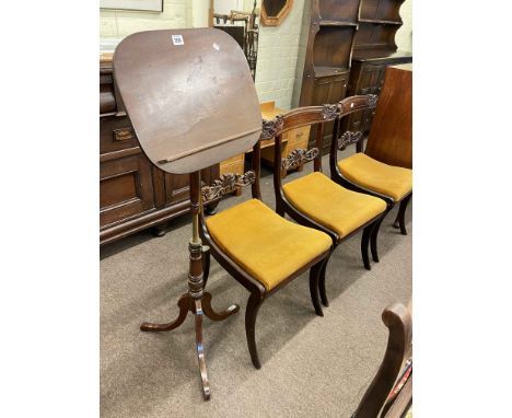 Set of three 19th Century mahogany sabre leg dining chairs and Victorian mahogany adjustable tripod music stand (4).