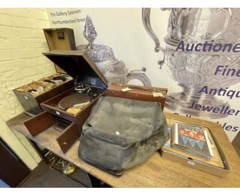 HMV table top gramophone and collection of 78 records, vintage case and LC Smith typewriter.