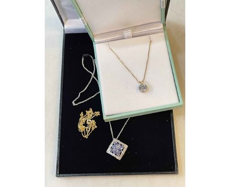 9 carat white gold gem set pendant and chain, 18 carat gold pendant and chain and 9 carat gold chain (3).