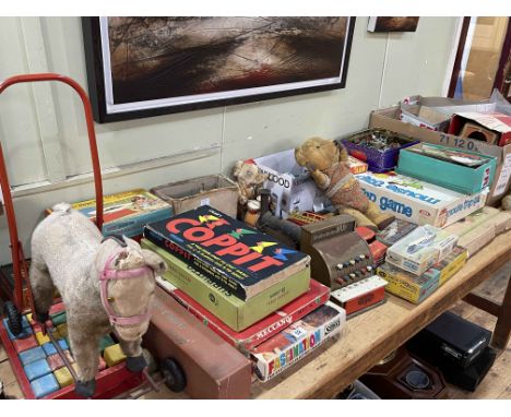 Collection of various vintage toys including model railway, Mousetrap and other games, teddies, baby walker, cigarette cards,