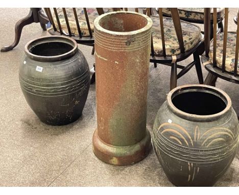 Vintage salt glazed chimney pot and pair garden planters, chimney pot 66cm tall (3).
