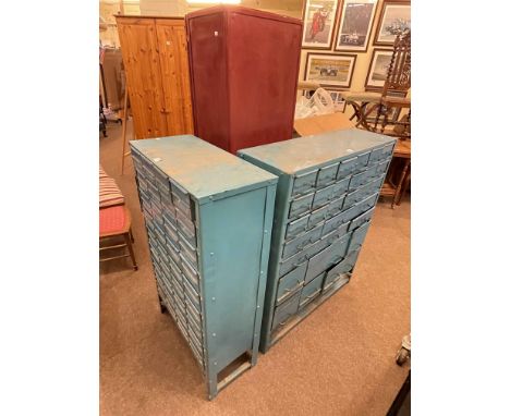 Two vintage metal multi-drawer index cabinets, two drawer desk and single door cabinet (4).