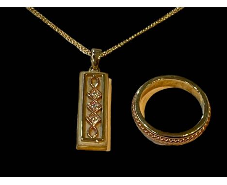Clogau 9 carat gold wedding rope twist band, together with diamond set limited edition pendant and chain (2).