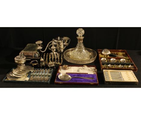 A silver mounted Ship's decanter, 22cm high, Birmingham 1950;  a plated entree dish, a three light candleabrum;  etc 