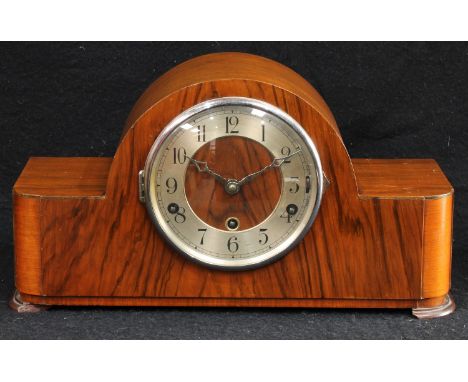 A mahogany Westminster chime mantel clock, musical movement, silvered chapter ring, Arabic numerals, twin winding holes, 40cm