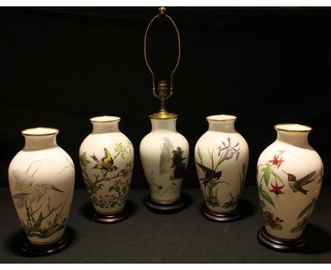 Franklin Porcelain - a Cranes of Happiness table lamp; The Marshland bird vase; The Meadowland bird vase; The Garden bird vas