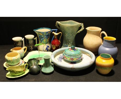 Decorative Ceramics - a Shelley banded cake stand;  a Shelley Harmony Art Ware dripped vase;  Arthur Woods jug;  Portmerion m