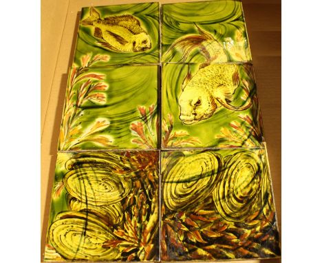 A Victorian style six tile undersea fish diorama, each tile measuring 15cm x 15cm. 