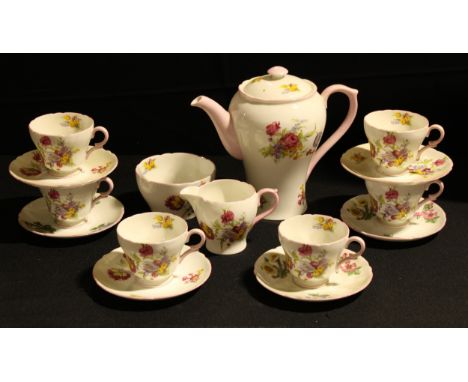 A Shelley floral printed coffee set for six, coffee pot, cream jug, sugar bowl, printed mark in green 