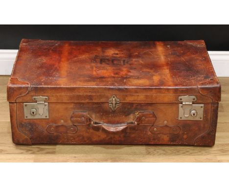 Vintage Luggage - an early 20th century travelling trunk/suitcase, 26cm high, 76cm wide, 46cm deep 