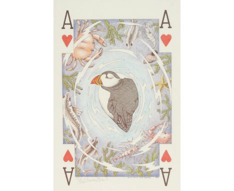 Simon Drew, a pair, Ducks and Fish, The Queen of Spades, signed in pencil, limited edition print, 232/250, 43cm x 27cm; Puffi