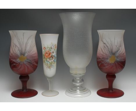 A large Art Glass frosted vase, shaped bowl, knopped stem, stepped domed foot, 50cm high;  a pair of contemporary vases, with