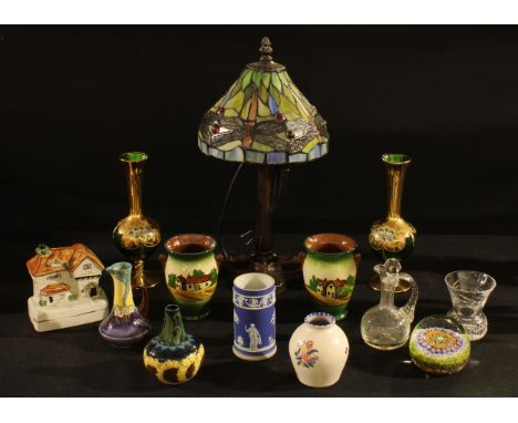 A Tiffany style table lamp, dragonfly wing shade; a pair of parcel-gilt green glass vases; millefiori paperweight; Wedgwood j