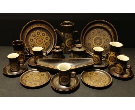 A Denby Arabesque pattern part dinner and coffee service, including dinner plates, cups and saucers, large coffee pot, milk a