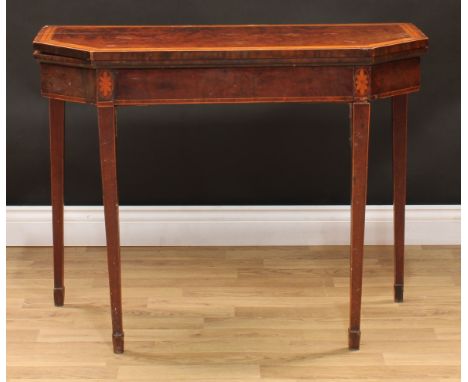 A George III satinwood crossbanded fiddleback mahogany card table, 76cm high, 96cm wide, 44.5cm deep, c.1790 