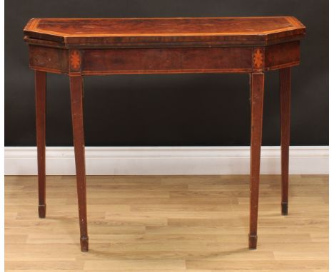 A George III satinwood crossbanded fiddleback mahogany card table, 76cm high, 96cm wide, 44.5cm deep, c.1790 