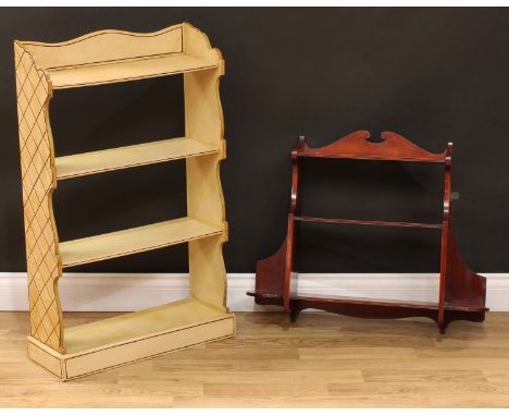 A painted open bookcase, 91cm high, 56cm wide, 19.5cm deep; a wall hanging three-tier shelf, 56.5cm high, 72cm wide, 15cm dee