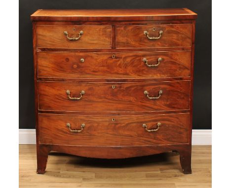 A George III mahogany bow front chest, slightly oversailing crossbanded top, outlined with boxwood and ebony stringing, above