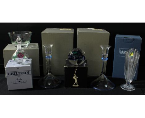 An Orrefors glass Linnea pattern hand painted scent bottle, pair of candlesticks and a bowl, some boxed; a waterford Crystal 