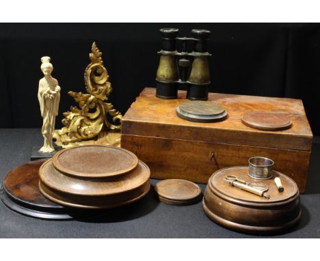 Boxes &amp; Objects - a gilt wood wall bracket; a pair of brass binoculars; a hallmarked silver napkin ring; propelling penci